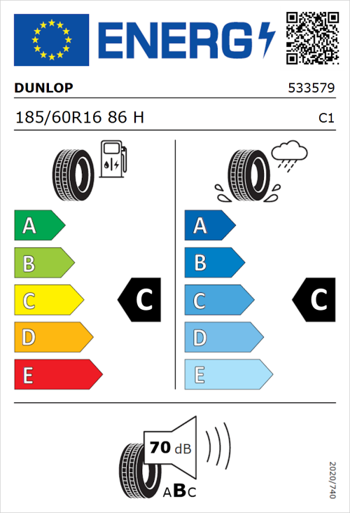 Tyre Label for Dunlop SP2030 185/60R16 86H
