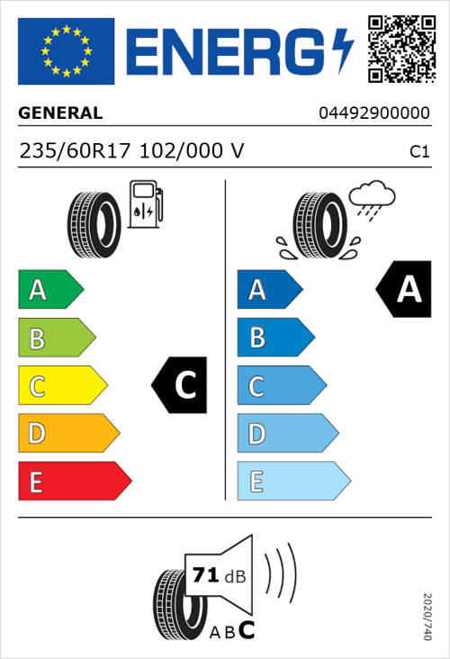 Tyre Label for General Grabber GT Plus 235/60R17 102/000V