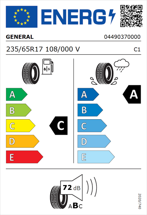 Tyre Label for General Grabber GT Plus 235/65R17 108/000V