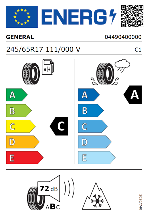 Tyre Label for General Grabber GT Plus 245/65R17 111/000V