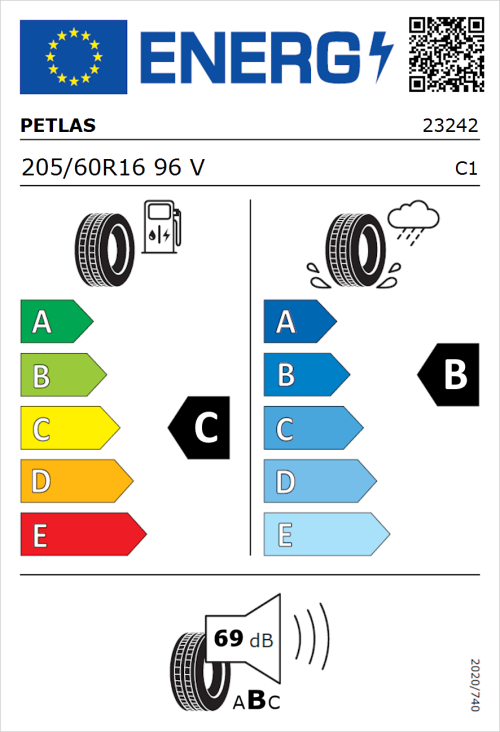 Tyre Label for Petlas Progreen PT525 205/60R16 96V