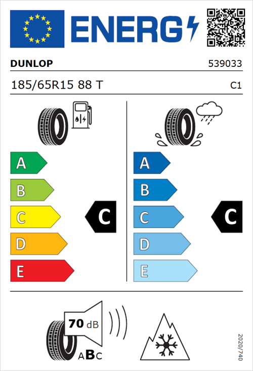 Tyre Label for Dunlop SP WinterResponse 2 185/65R15 88T