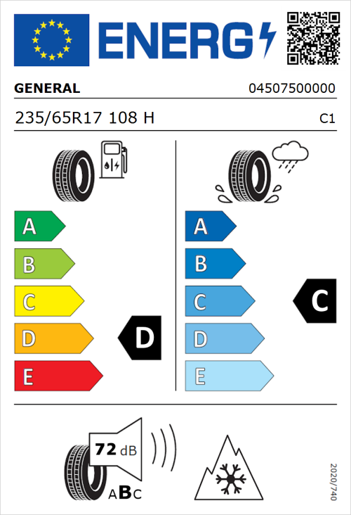 Tyre Label for General Snow Grabber Plus 235/65R17 108H